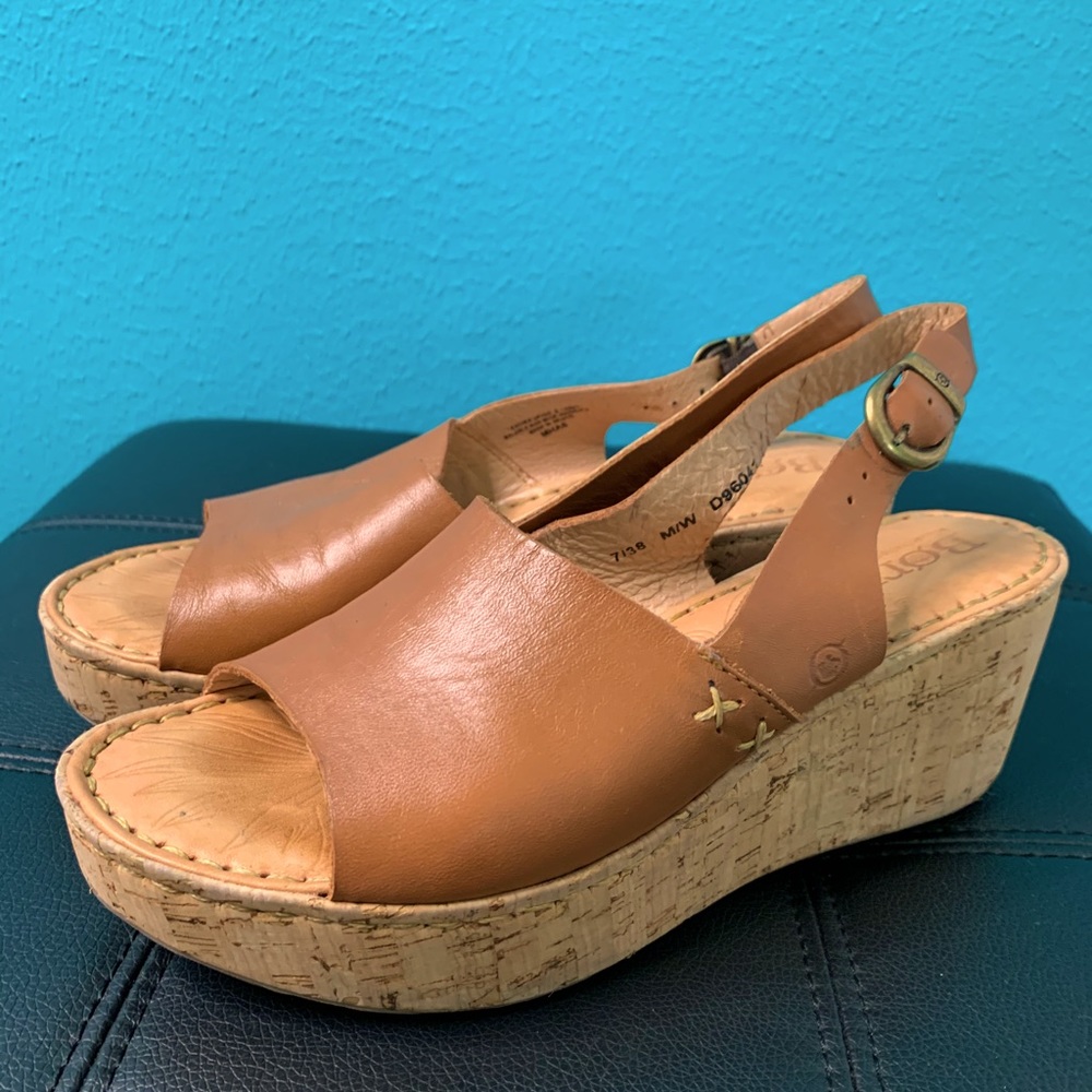 Born Cognac Leather Mule w/ Chunky Cork Wedge